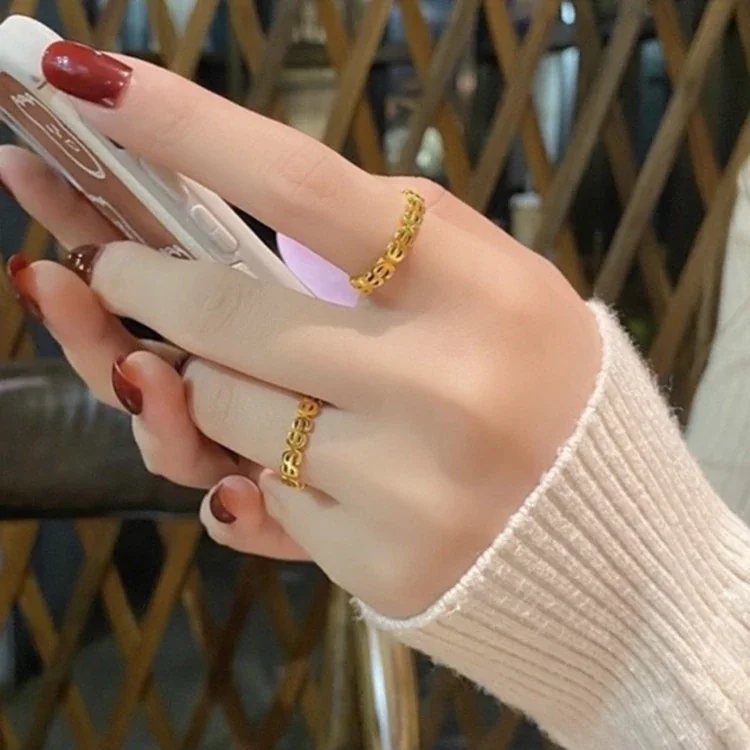 Dollar Sign Cutout Band Ring, 18K Gold-Plated Stainless Steel