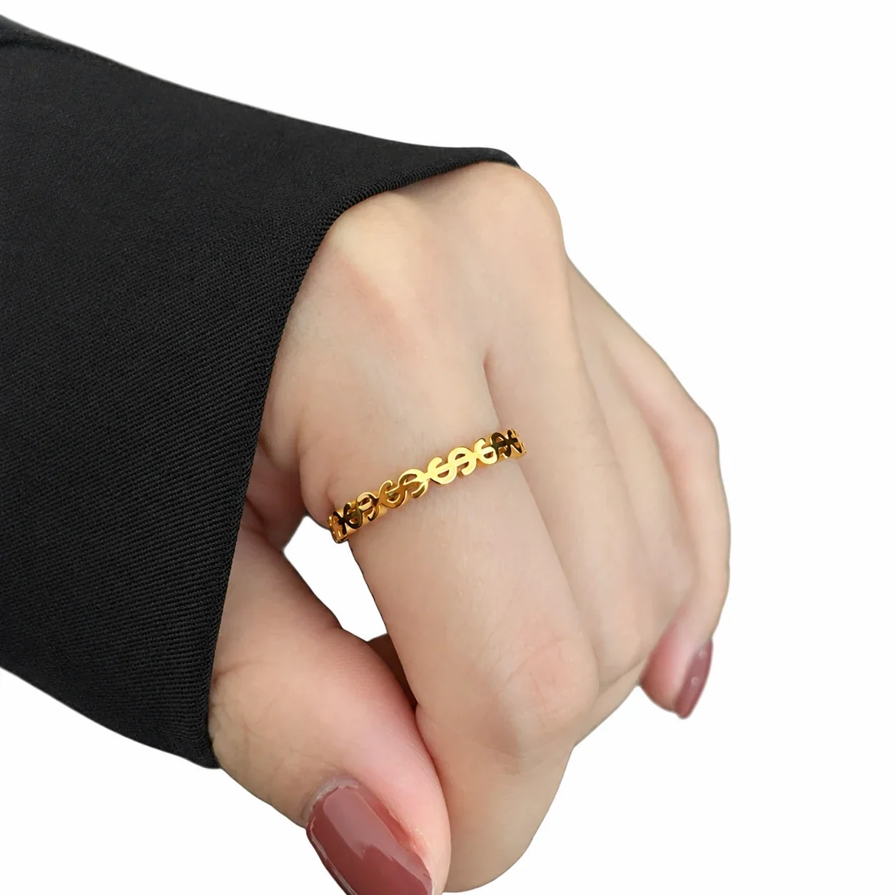 Dollar Sign Cutout Band Ring, 18K Gold-Plated Stainless Steel - Gold