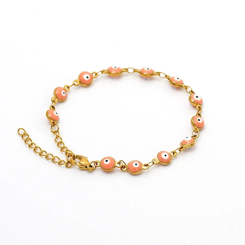 Protective Gold PVD Enamel Evil Eye Chain Bracelet - Pink Evil Eye