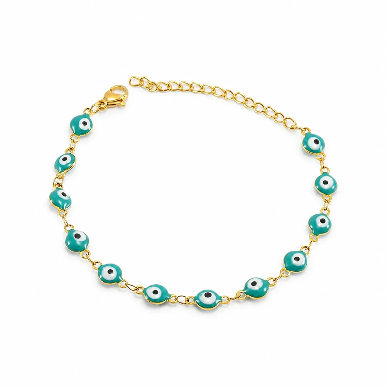 Protective Gold PVD Enamel Evil Eye Chain Bracelet - Green Evil Eye