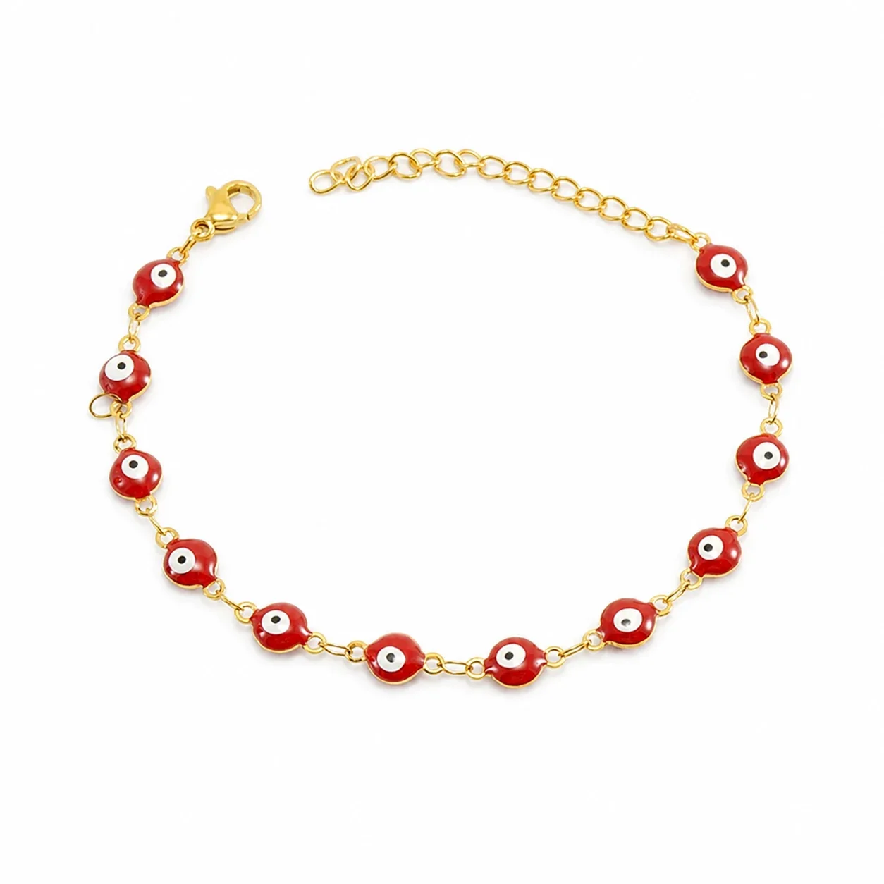 Protective Gold PVD Enamel Evil Eye Chain Bracelet - Red Evil Eye