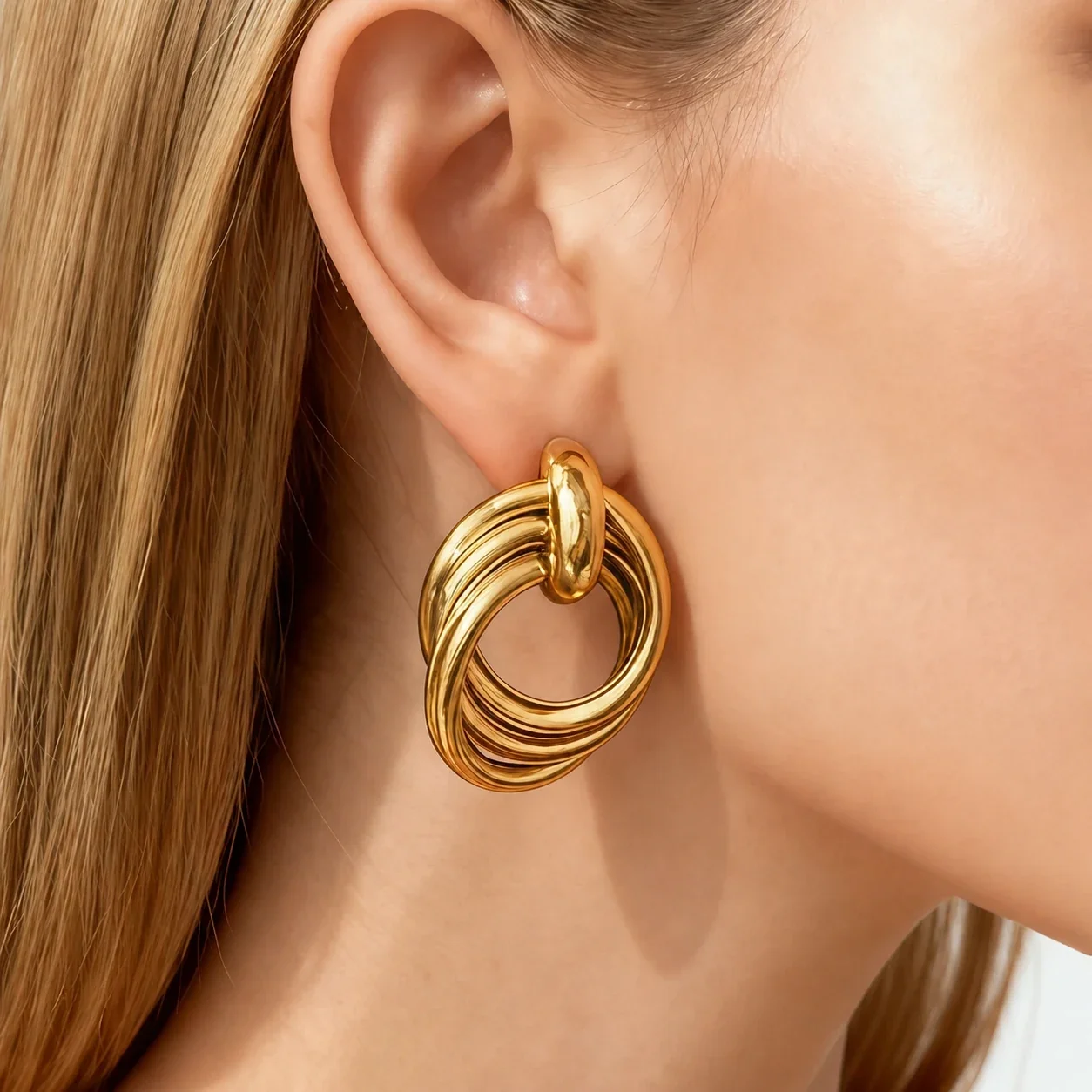 Drop Earrings Interlocking Multi-Hoop 316 Stainless Steel Gold PVD