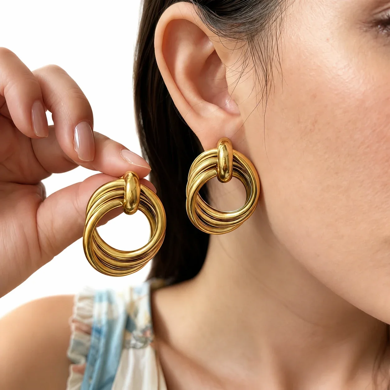 Drop Earrings Interlocking Multi-Hoop 316 Stainless Steel Gold PVD