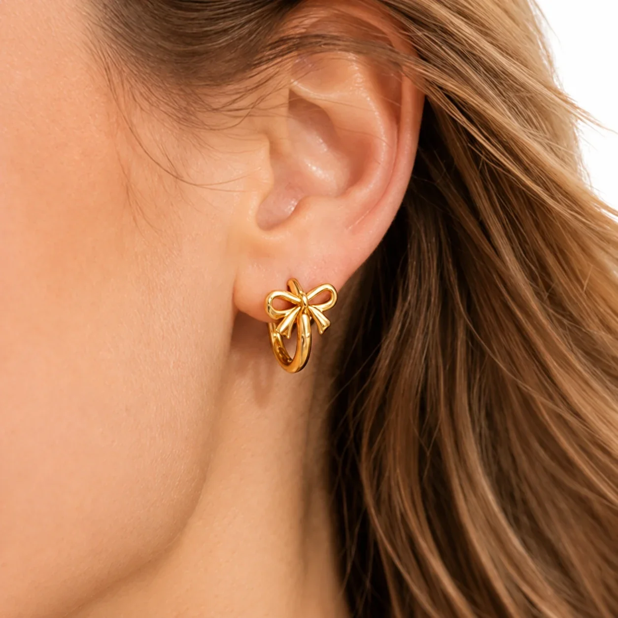 Bow Hoop Earrings, Ribbon Motif, Gold-Plated 316 Stainless Steel