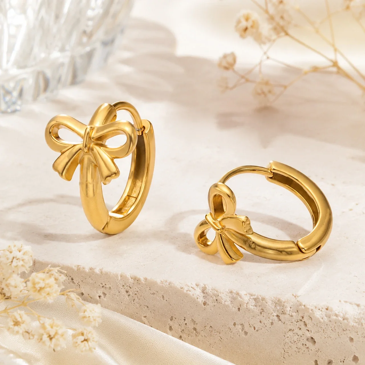 Bow Hoop Earrings, Ribbon Motif, Gold-Plated 316 Stainless Steel