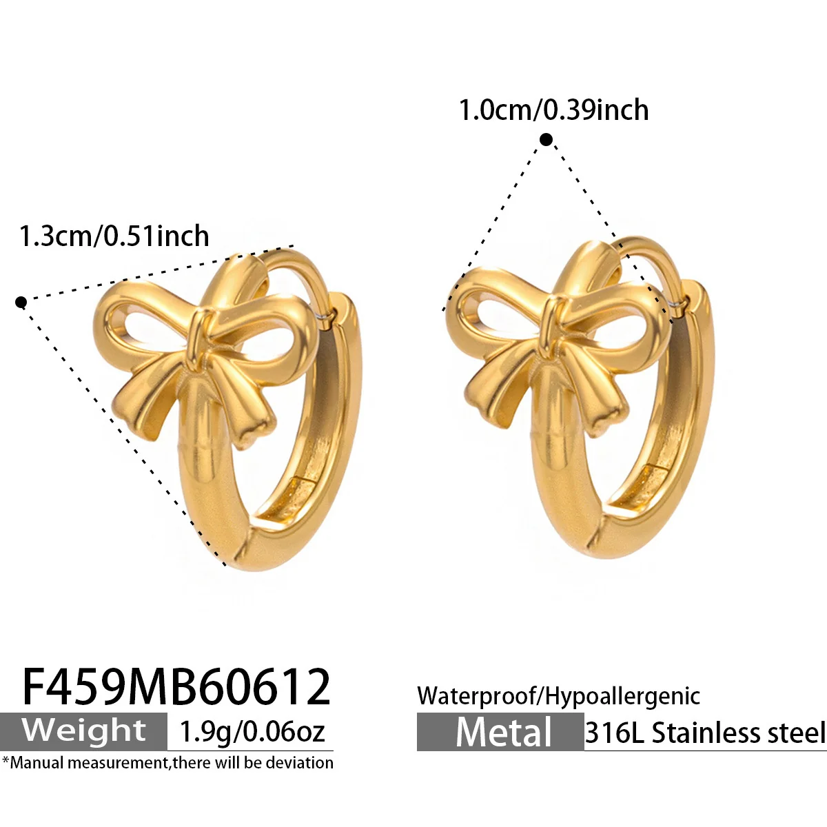 Bow Hoop Earrings, Ribbon Motif, Gold-Plated 316 Stainless Steel - Dimensions