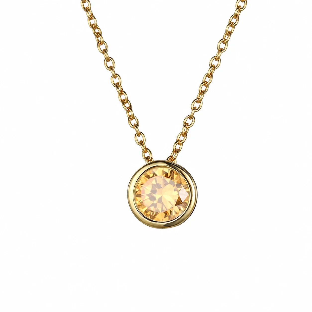 Radiant 18K Gold-Plated Bezel Round CZ Pendant Necklace - Light Yellow