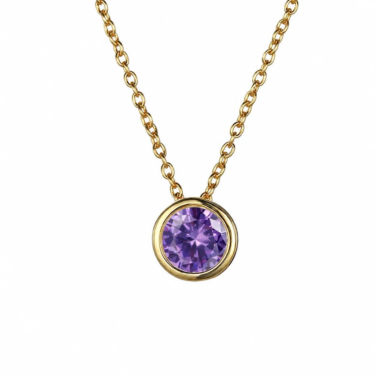 Radiant 18K Gold-Plated Bezel Round CZ Pendant Necklace - Violet