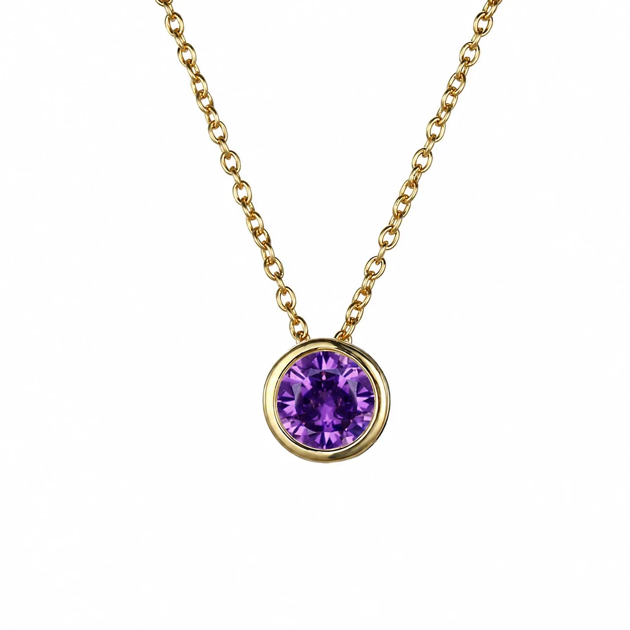 Radiant 18K Gold-Plated Bezel Round CZ Pendant Necklace - Purple