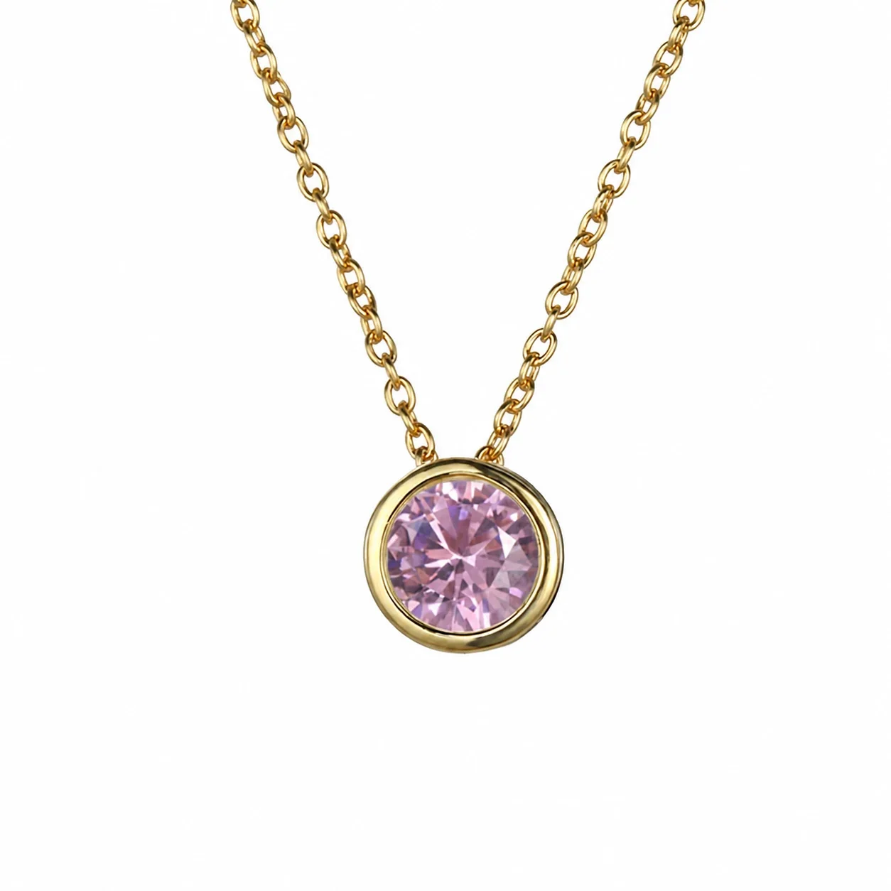 Radiant 18K Gold-Plated Bezel Round CZ Pendant Necklace - Pink