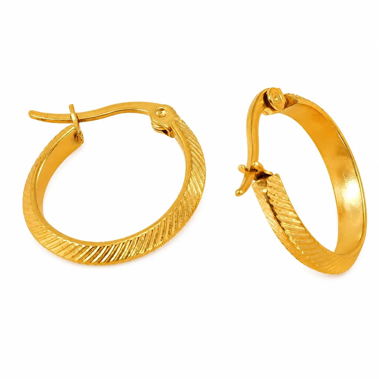 Sleek Gold-Plated Stainless Steel Ribbed Latch Hoop Earrings