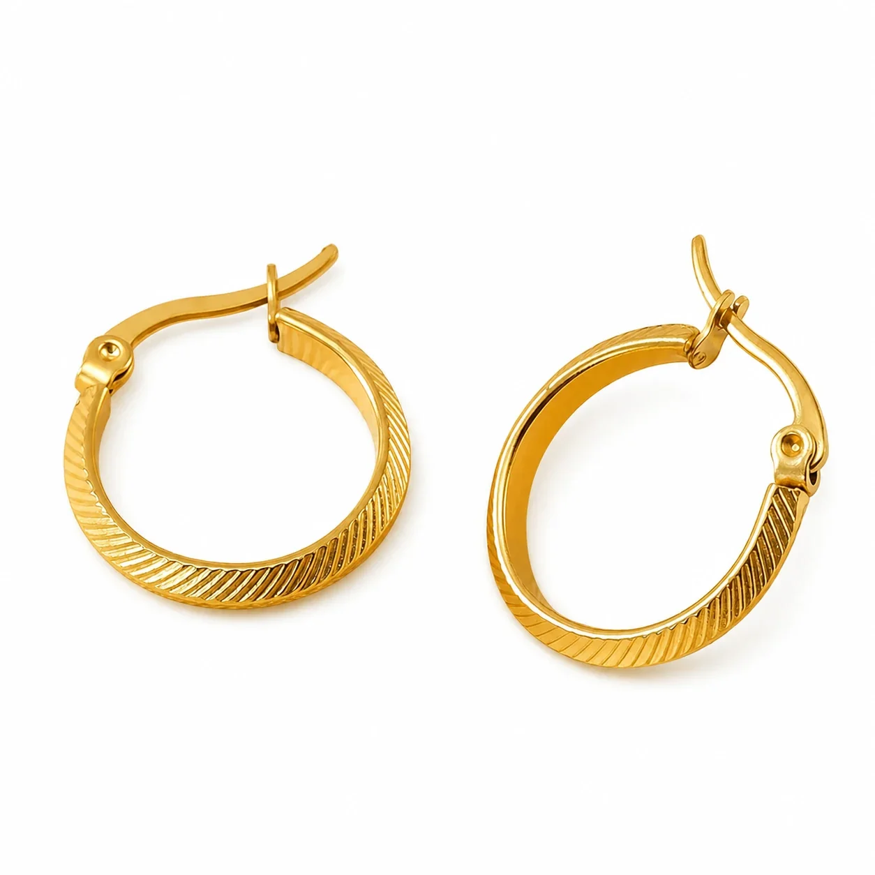 Sleek Gold-Plated Stainless Steel Ribbed Latch Hoop Earrings