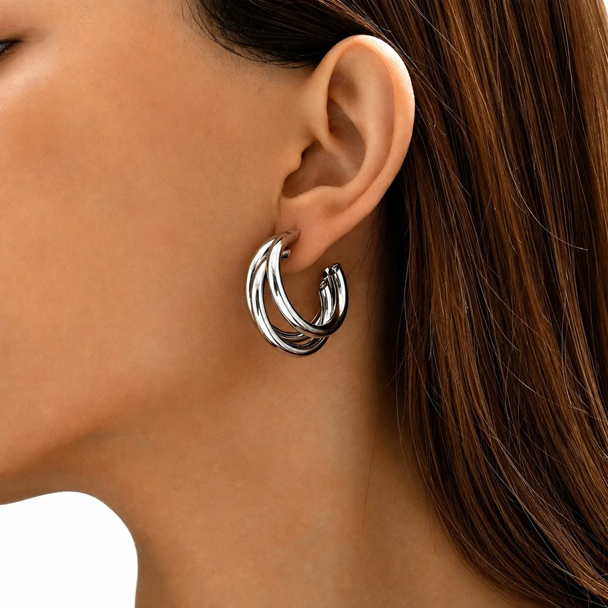 Sculptural Stainless Steel Triple C Hoop Earrings