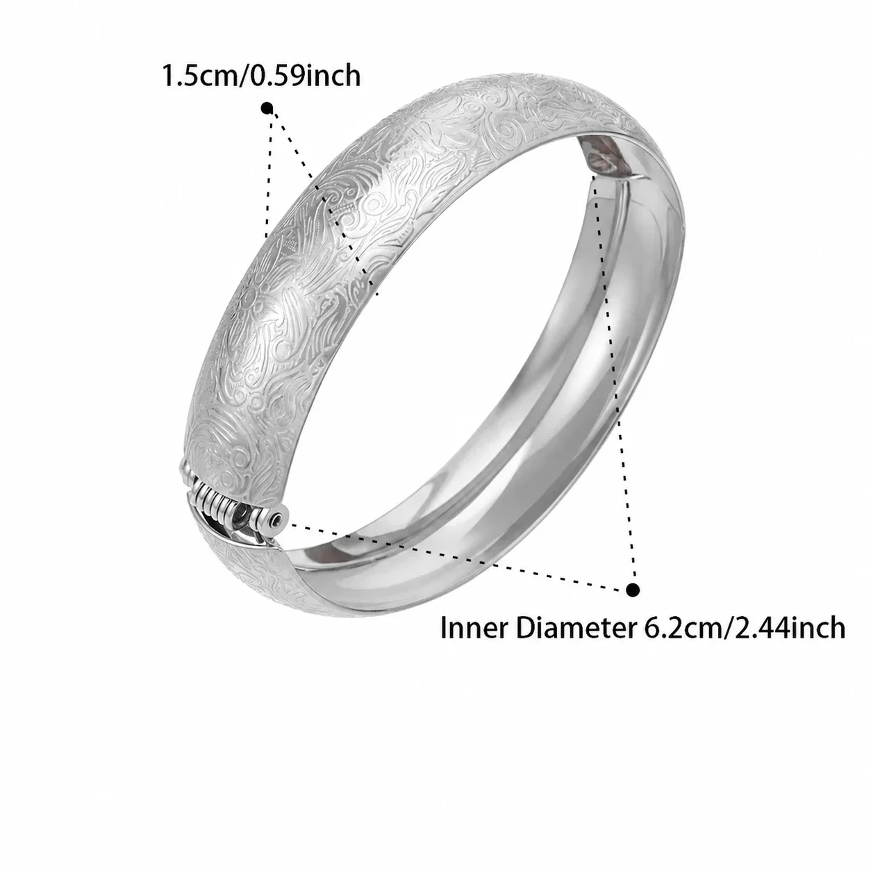 Ornate 316L Floral Engraved Dome Hinged Bangle - Silver Pattern B