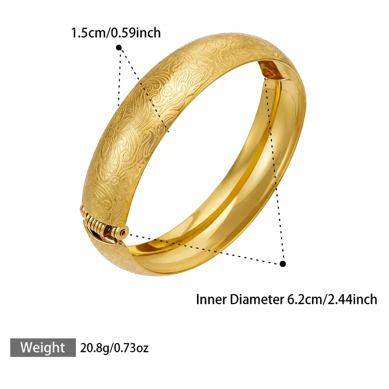 Ornate 316L Floral Engraved Dome Hinged Bangle - Gold Pattern B