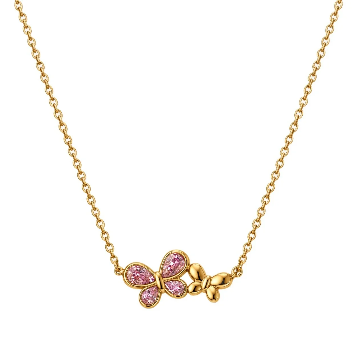 Collar de mariposas, doble motivo con circonitas en lágrima, acero con baño dorado