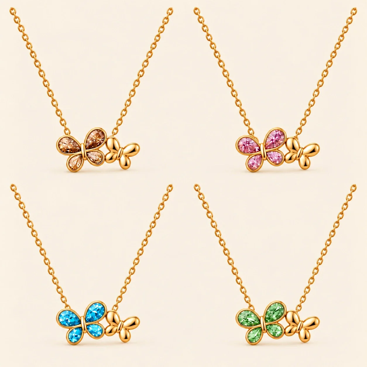 Butterfly Necklace, Double Motif Teardrop CZ, Gold-Plated Steel
