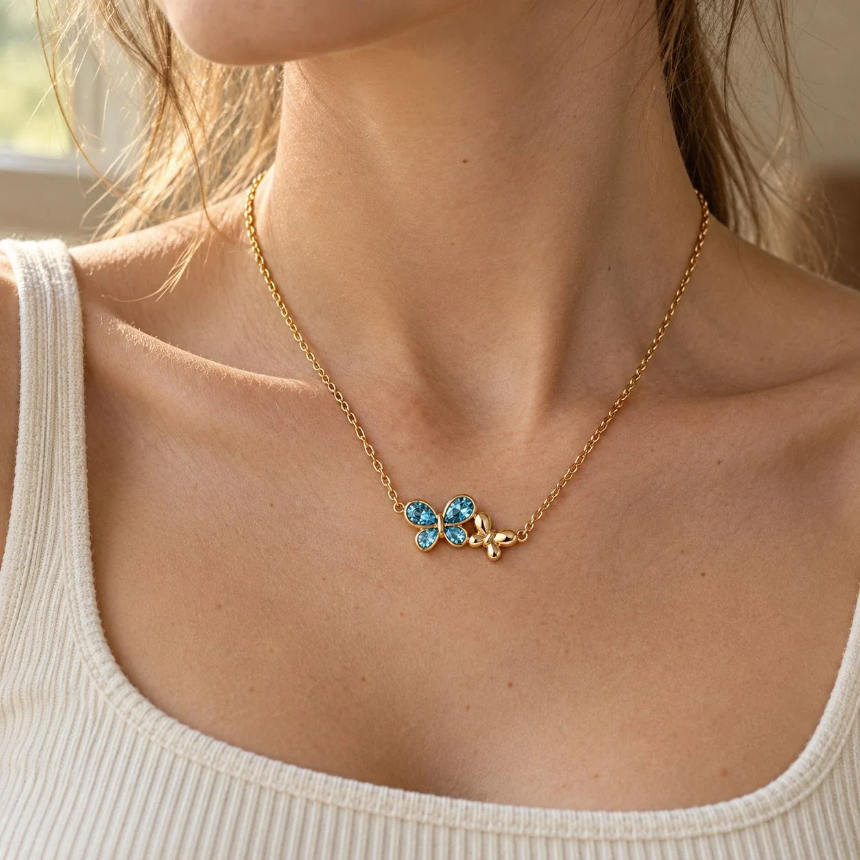 Butterfly Necklace, Double Motif Teardrop CZ, Gold-Plated Steel