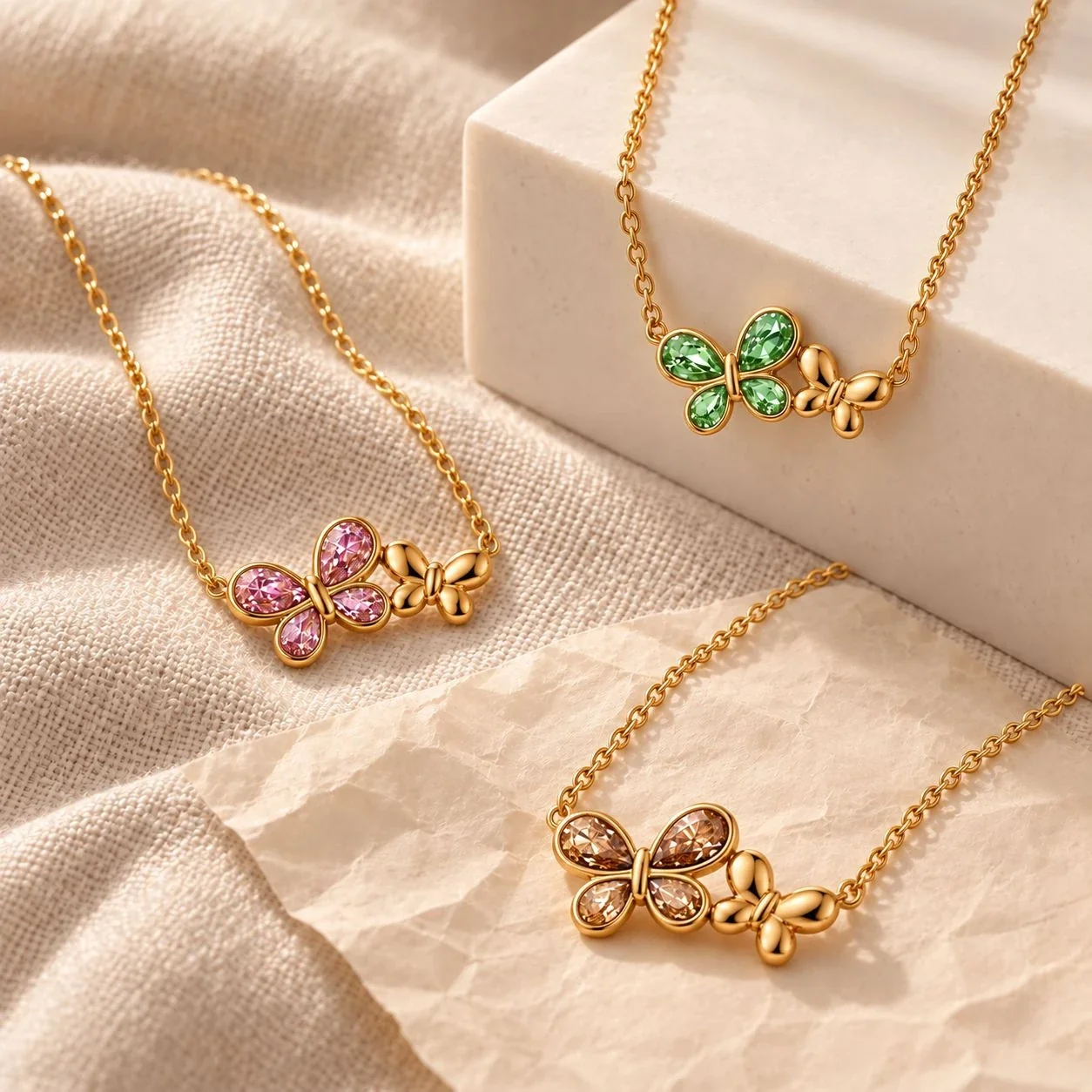 Butterfly Necklace, Double Motif Teardrop CZ, Gold-Plated Steel