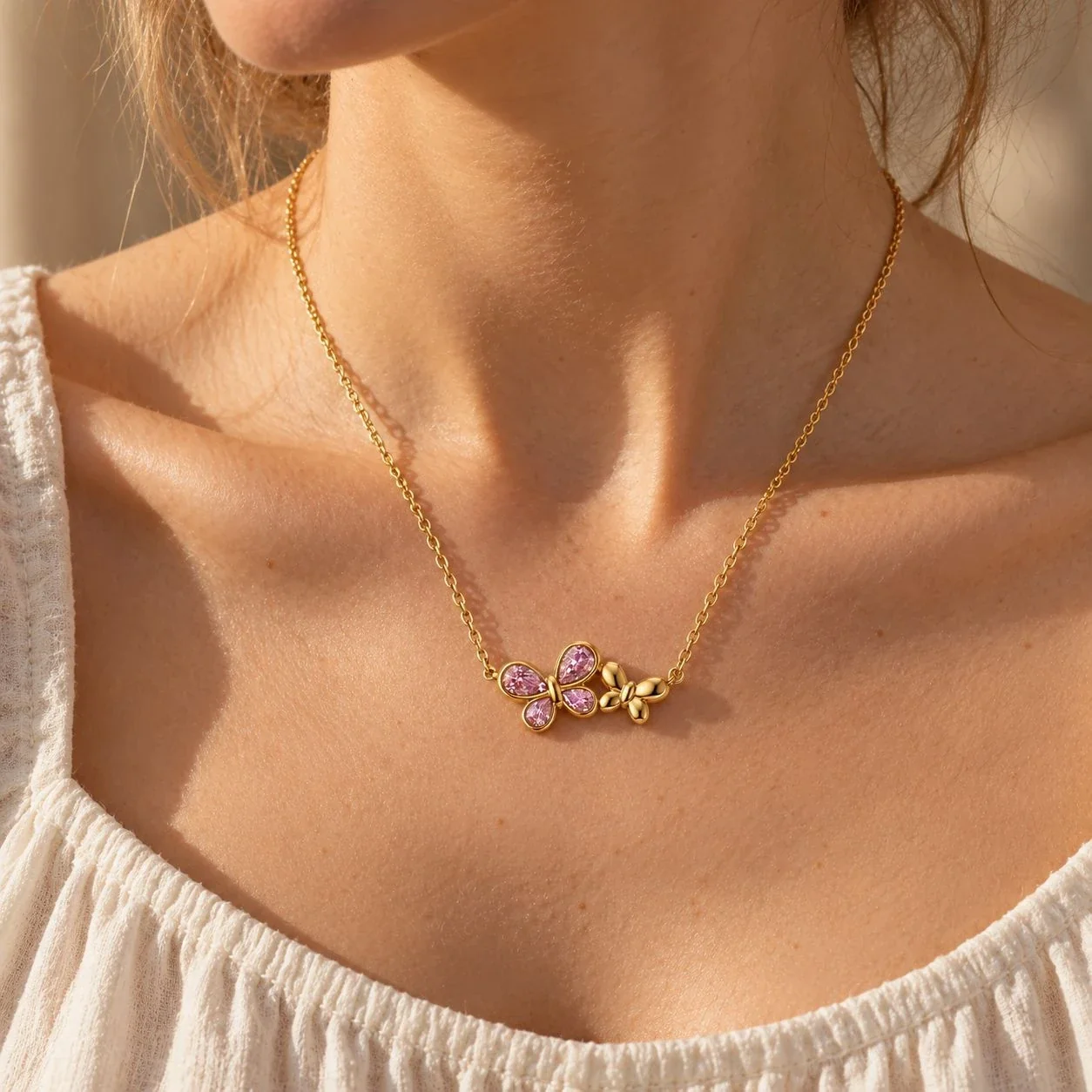Butterfly Necklace, Double Motif Teardrop CZ, Gold-Plated Steel