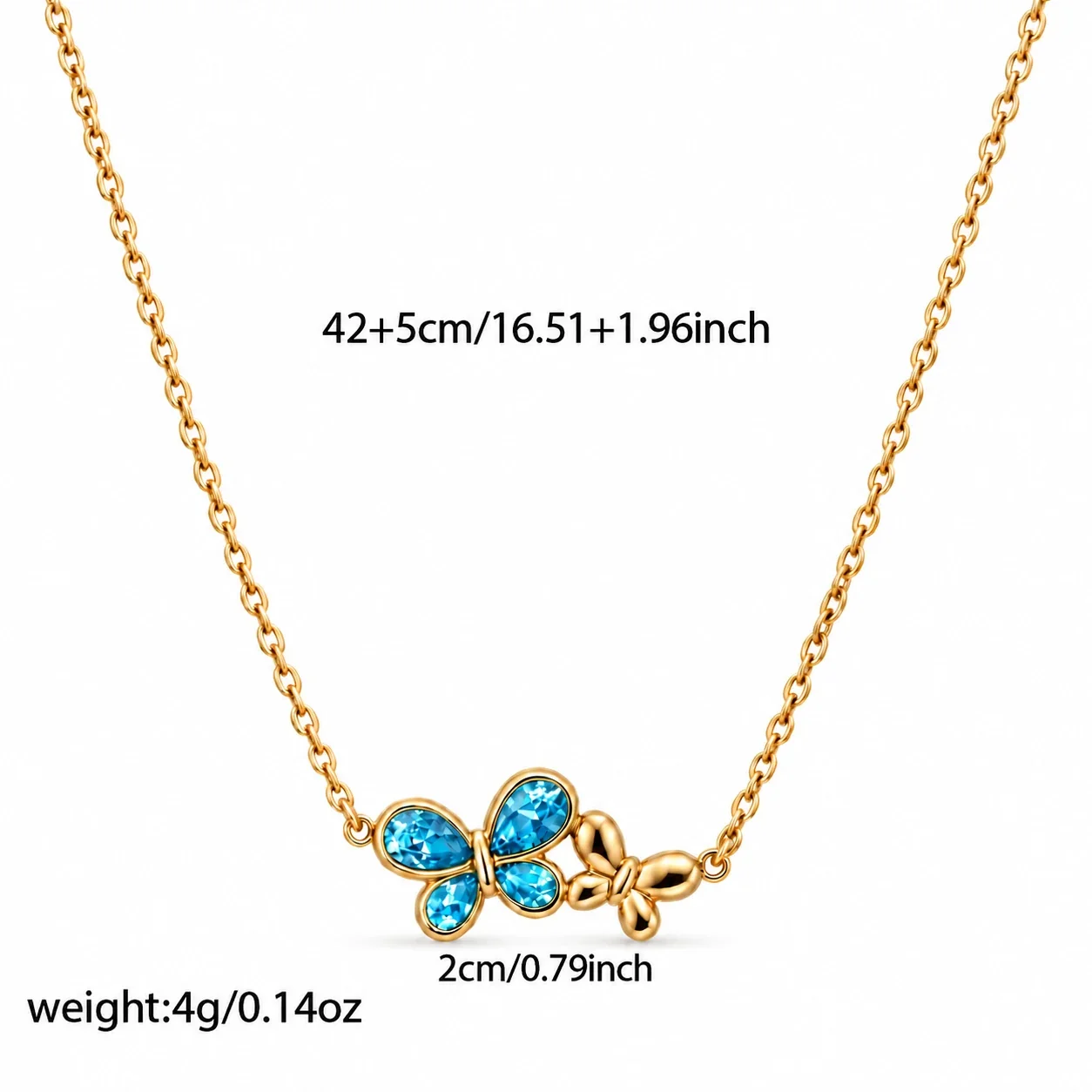 Butterfly Necklace, Double Motif Teardrop CZ, Gold-Plated Steel - Blue