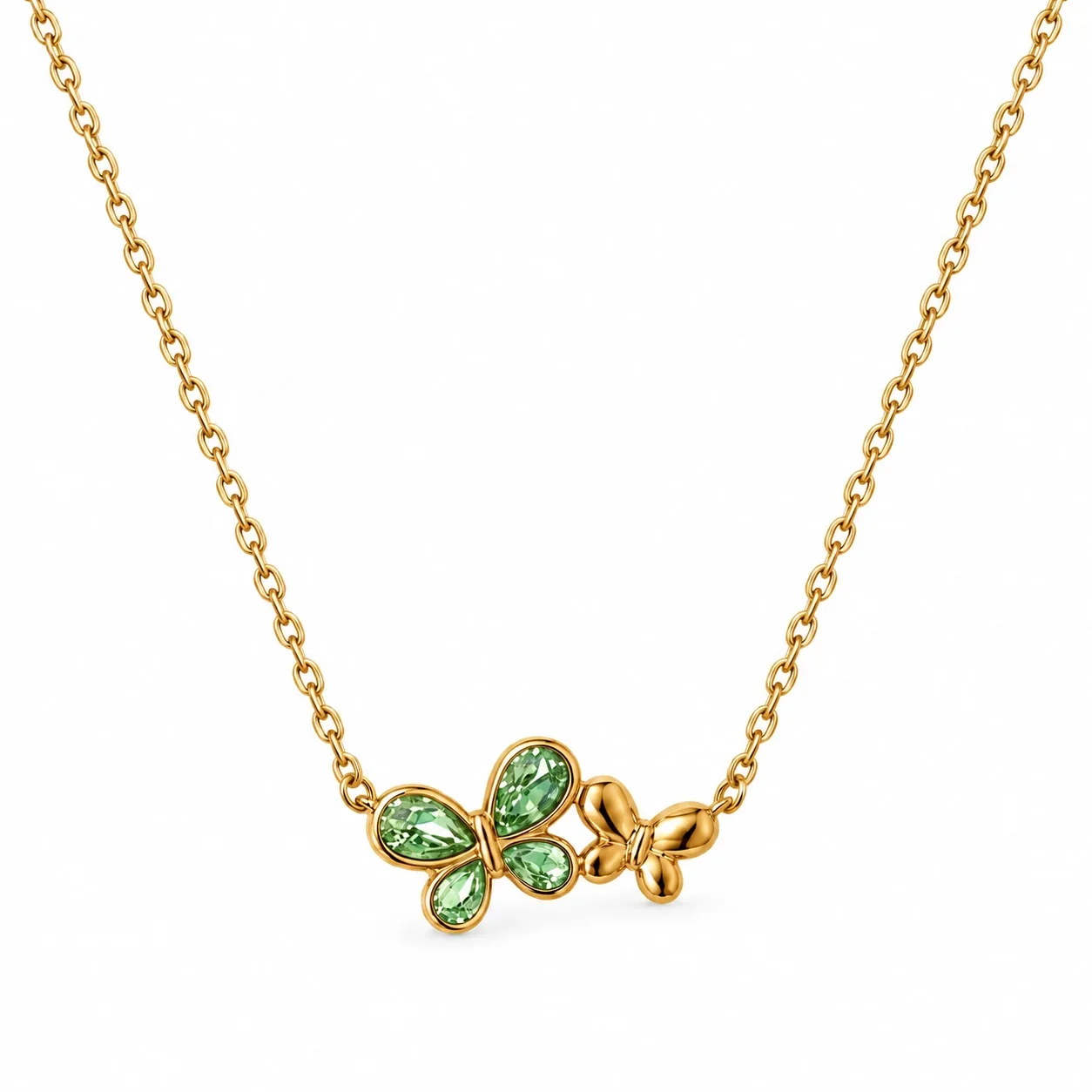 Butterfly Necklace, Double Motif Teardrop CZ, Gold-Plated Steel - Green