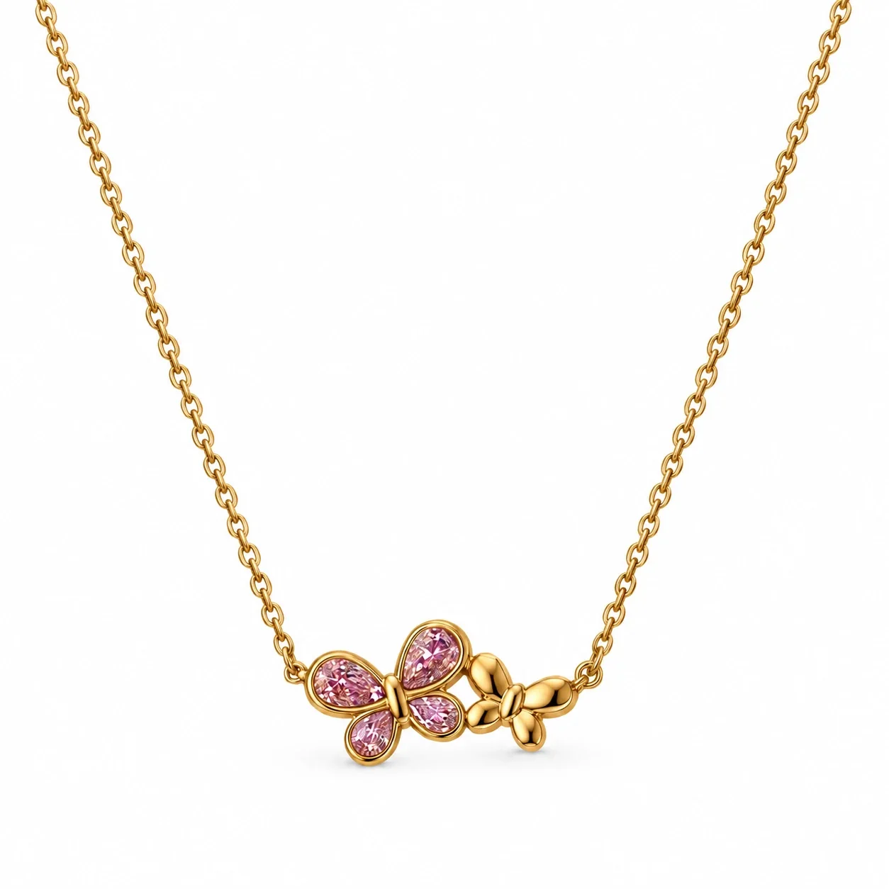 Butterfly Necklace, Double Motif Teardrop CZ, Gold-Plated Steel - Pink