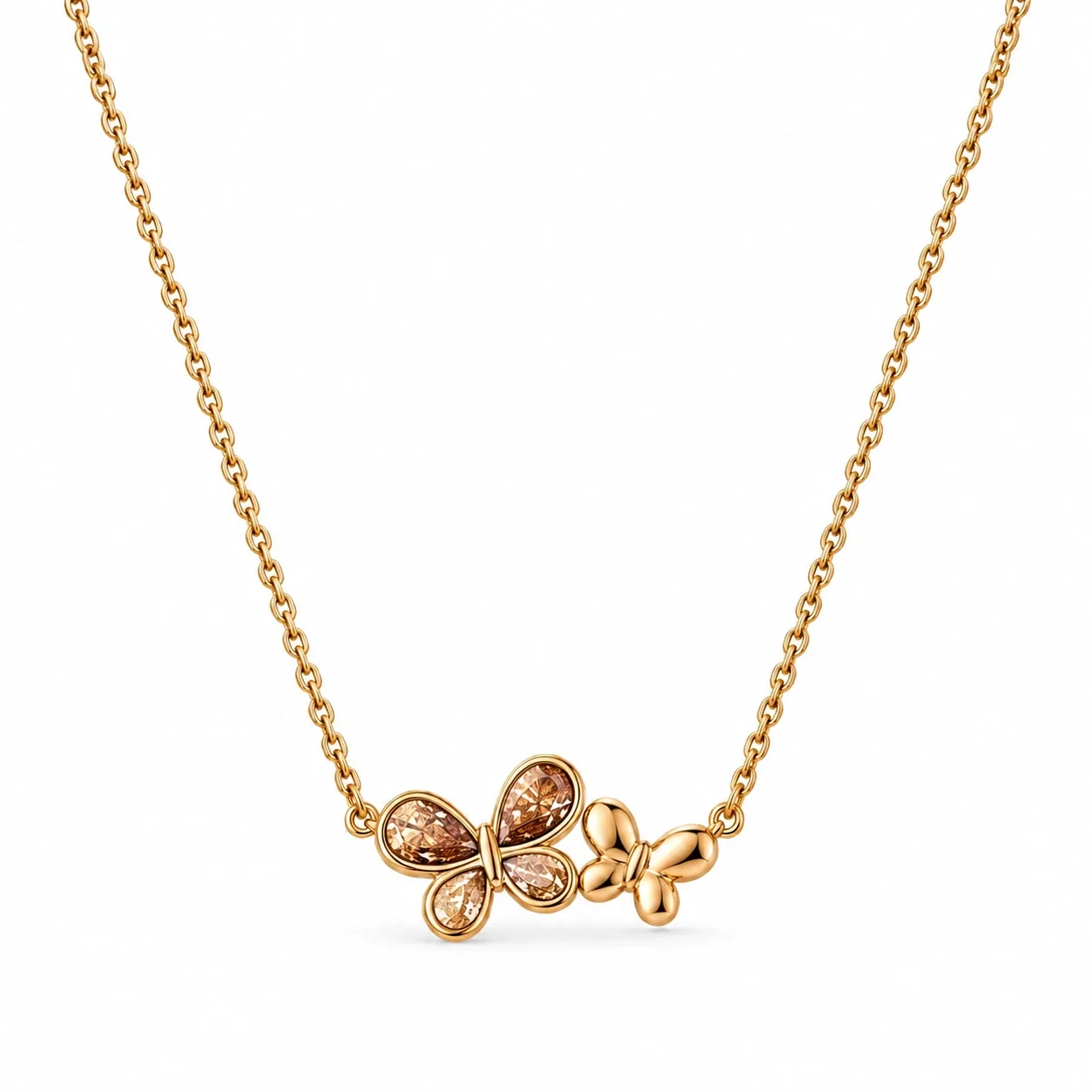 Butterfly Necklace, Double Motif Teardrop CZ, Gold-Plated Steel - Brown