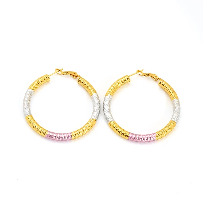Bold Stainless Steel Tri-Tone Ribbed Hoop Earrings