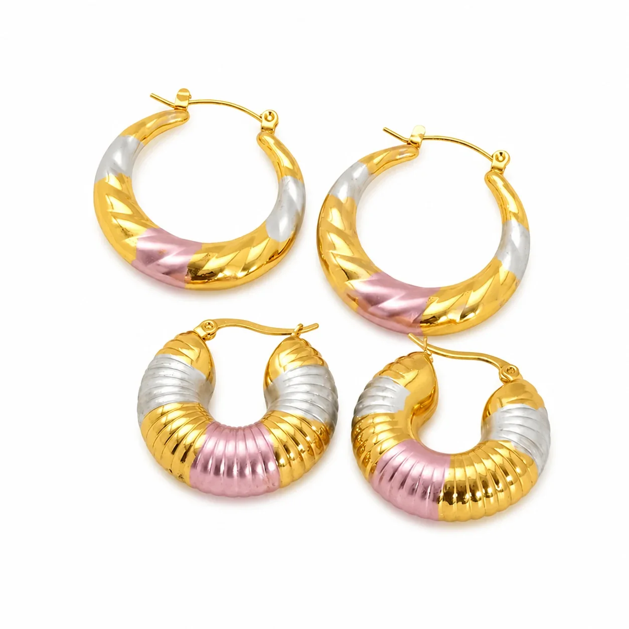 Bold Stainless Steel Tri-Tone Ribbed Hoop Earrings