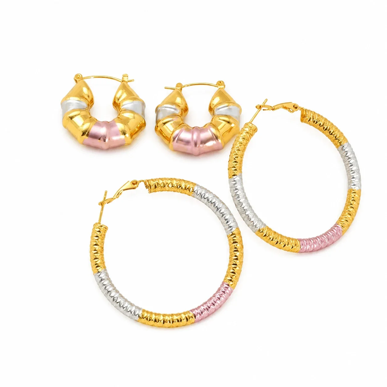Bold Stainless Steel Tri-Tone Ribbed Hoop Earrings