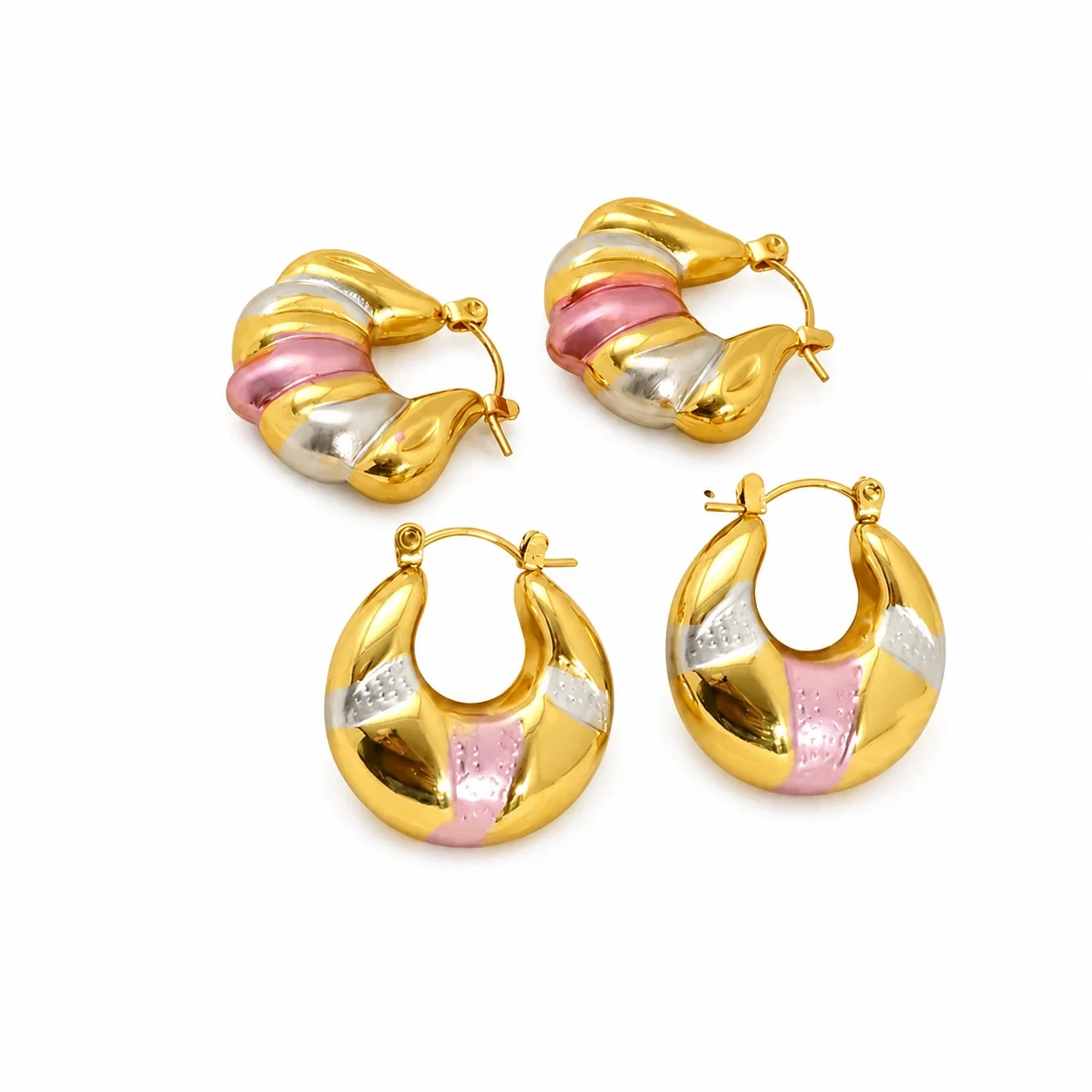Bold Stainless Steel Tri-Tone Ribbed Hoop Earrings