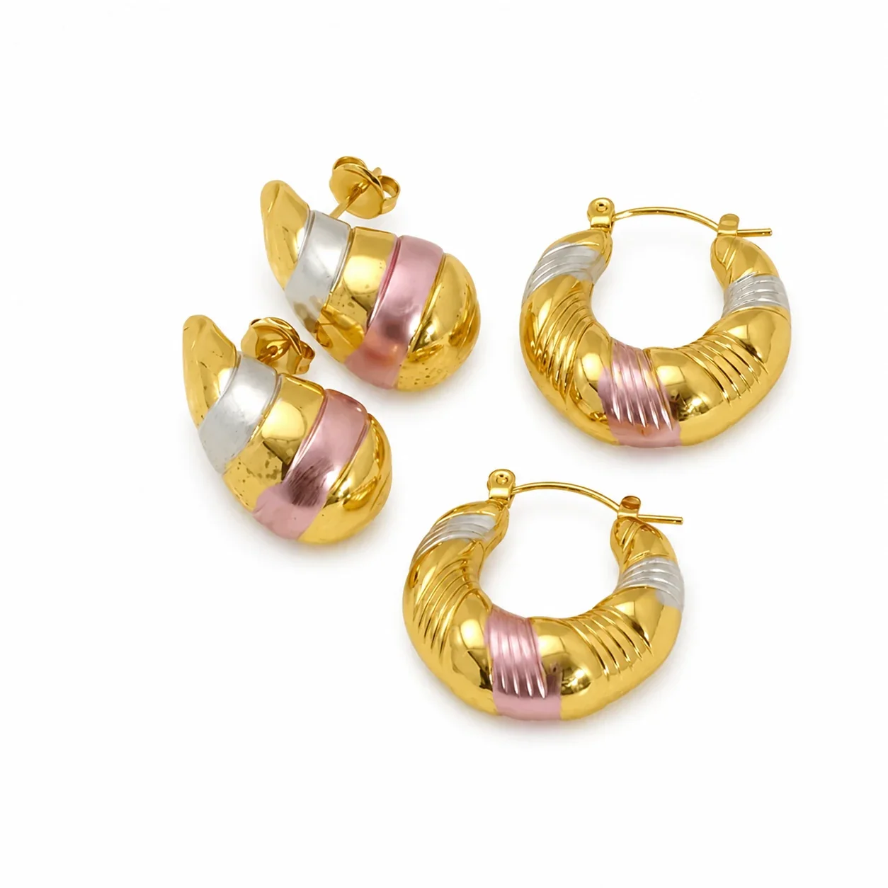Bold Stainless Steel Tri-Tone Ribbed Hoop Earrings