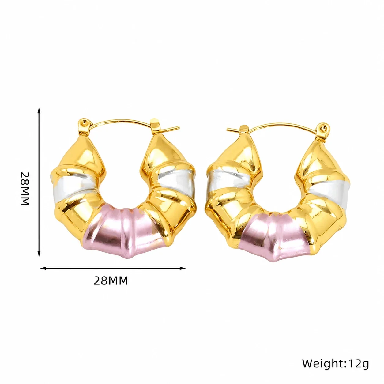Bold Stainless Steel Tri-Tone Ribbed Hoop Earrings - Tri-Tone Faceted Large Hoop