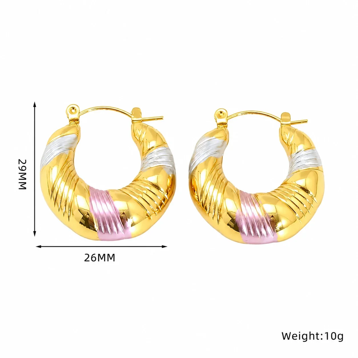 Bold Stainless Steel Tri-Tone Ribbed Hoop Earrings - Tri-Tone Smooth Dome Hoop