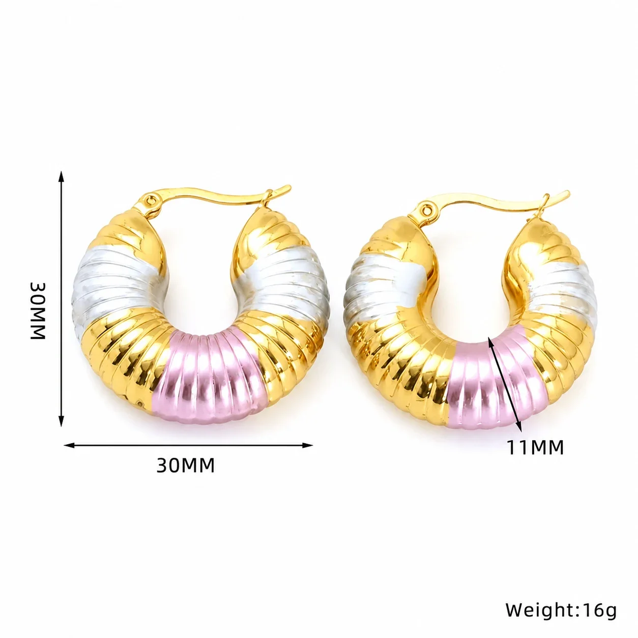Bold Stainless Steel Tri-Tone Ribbed Hoop Earrings - Tri-Tone Ridged Medium Hoop