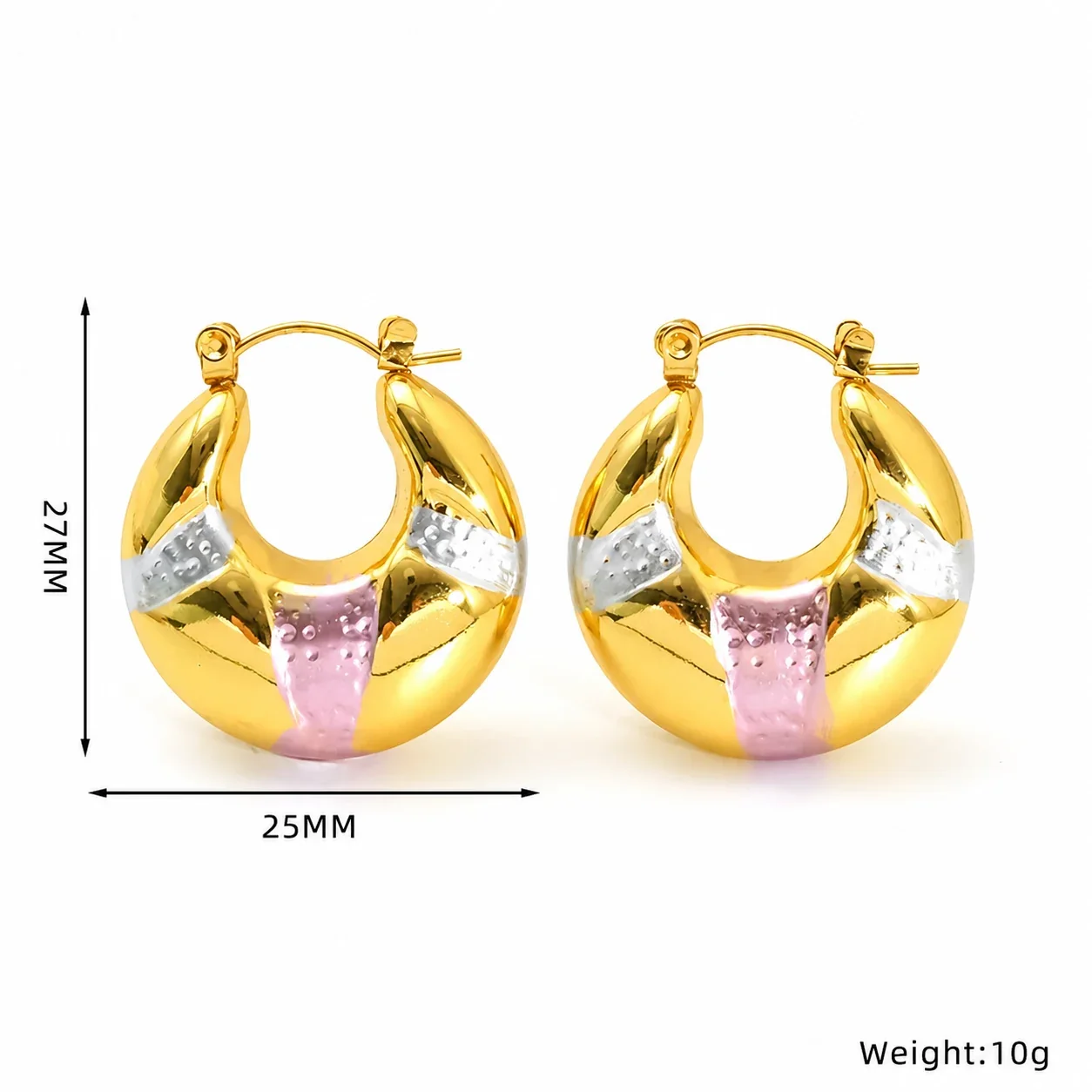 Bold Stainless Steel Tri-Tone Ribbed Hoop Earrings - Tri-Tone Faceted Oval Hoop