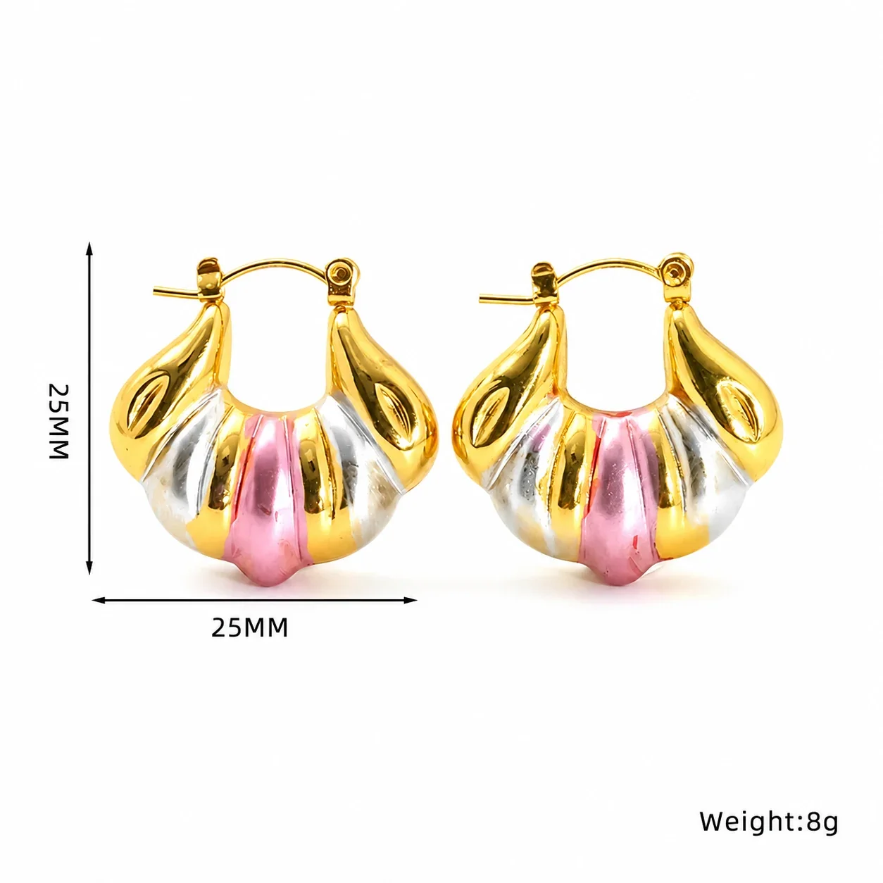 Bold Stainless Steel Tri-Tone Ribbed Hoop Earrings - Tri-Tone Ribbed Dome Hoop