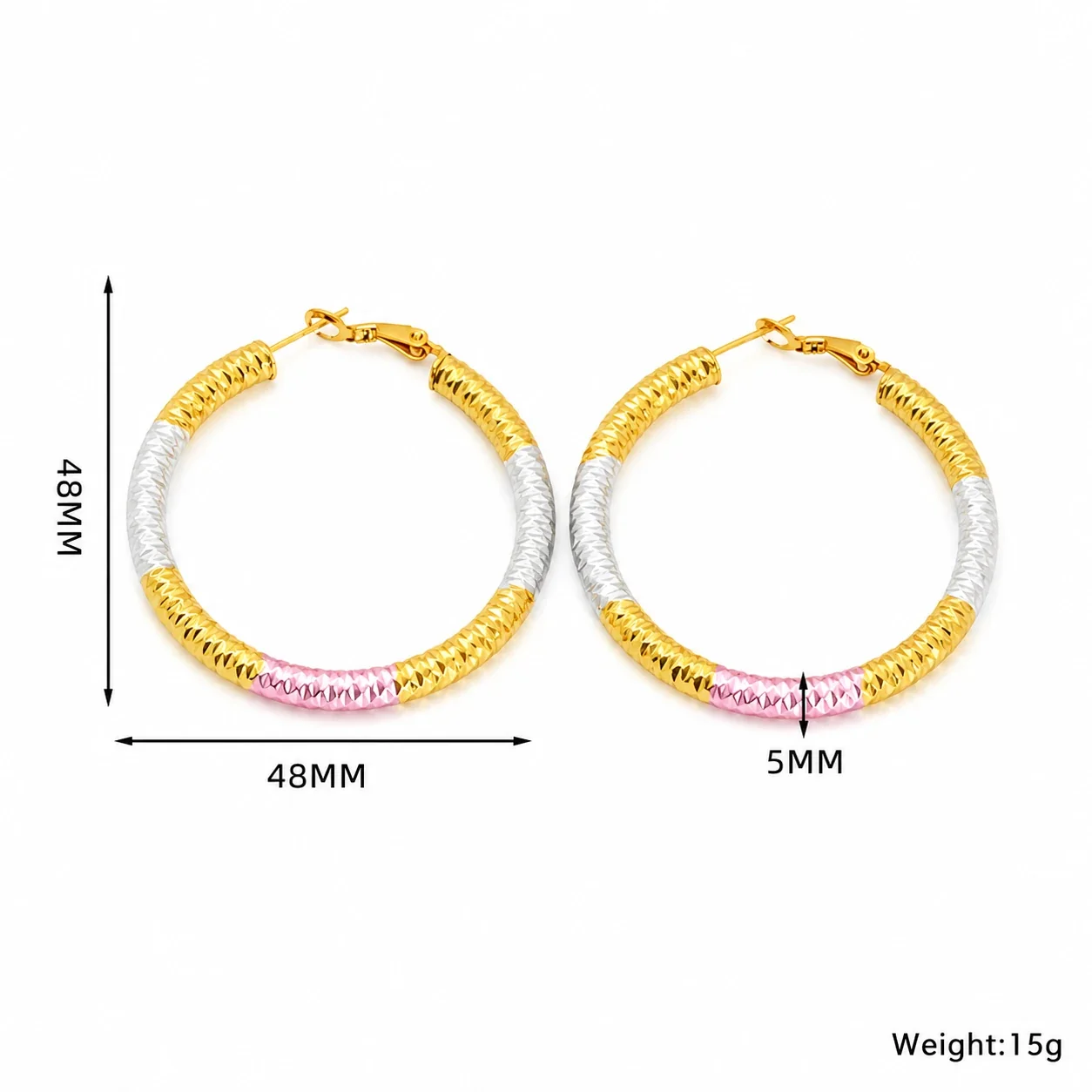 Bold Stainless Steel Tri-Tone Ribbed Hoop Earrings - Tri-Tone Smooth Oval Hoop