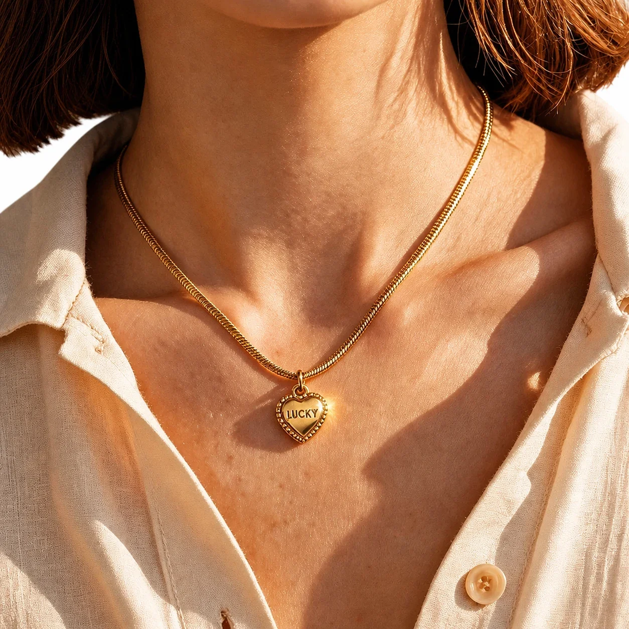 Produktfoto: Halskette Herz-Lucky-Anhänger Schlangenkette 316 Edelstahl Gold PVD