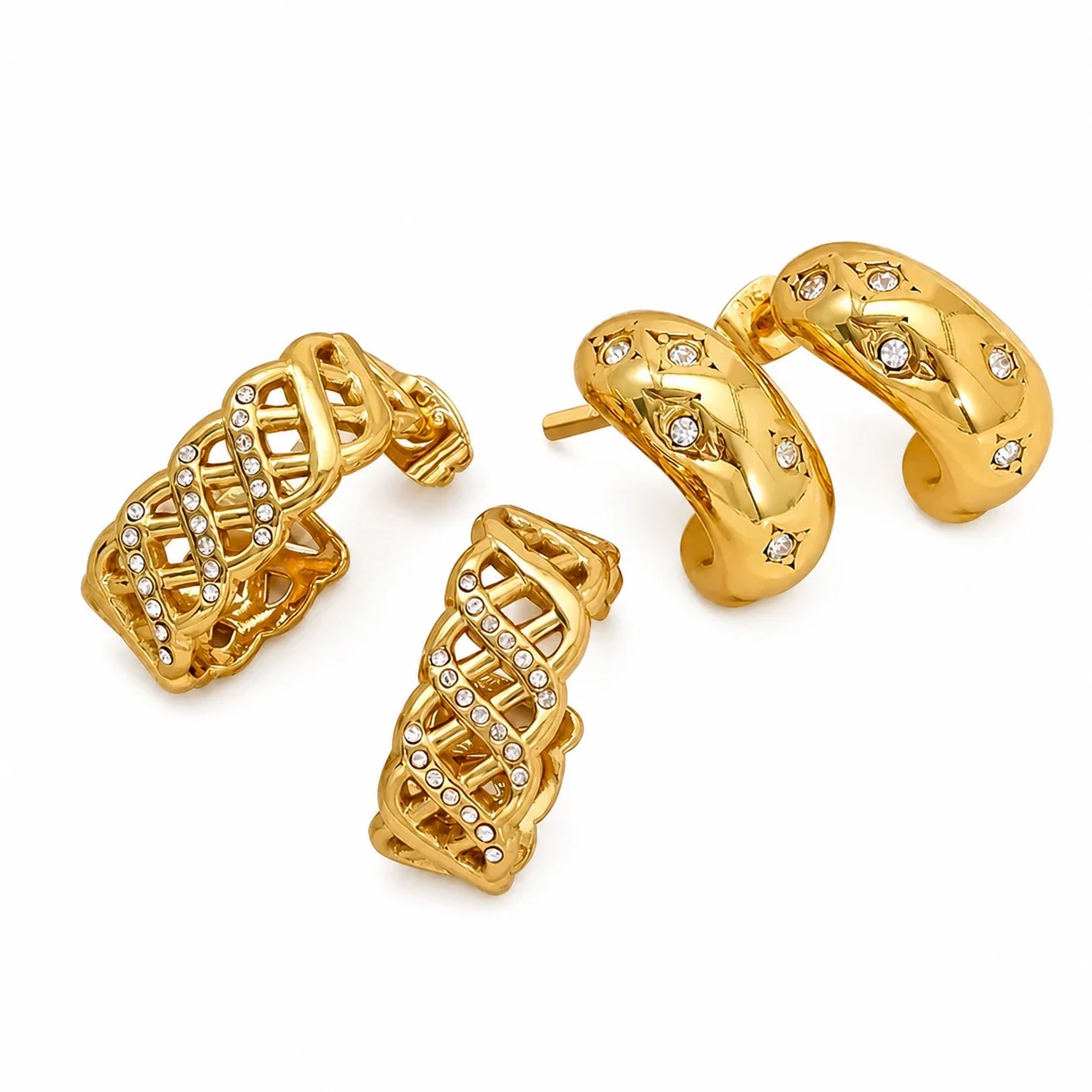 Bold Gold-Tone Pavé Lattice & Star Dome Hoop Earrings