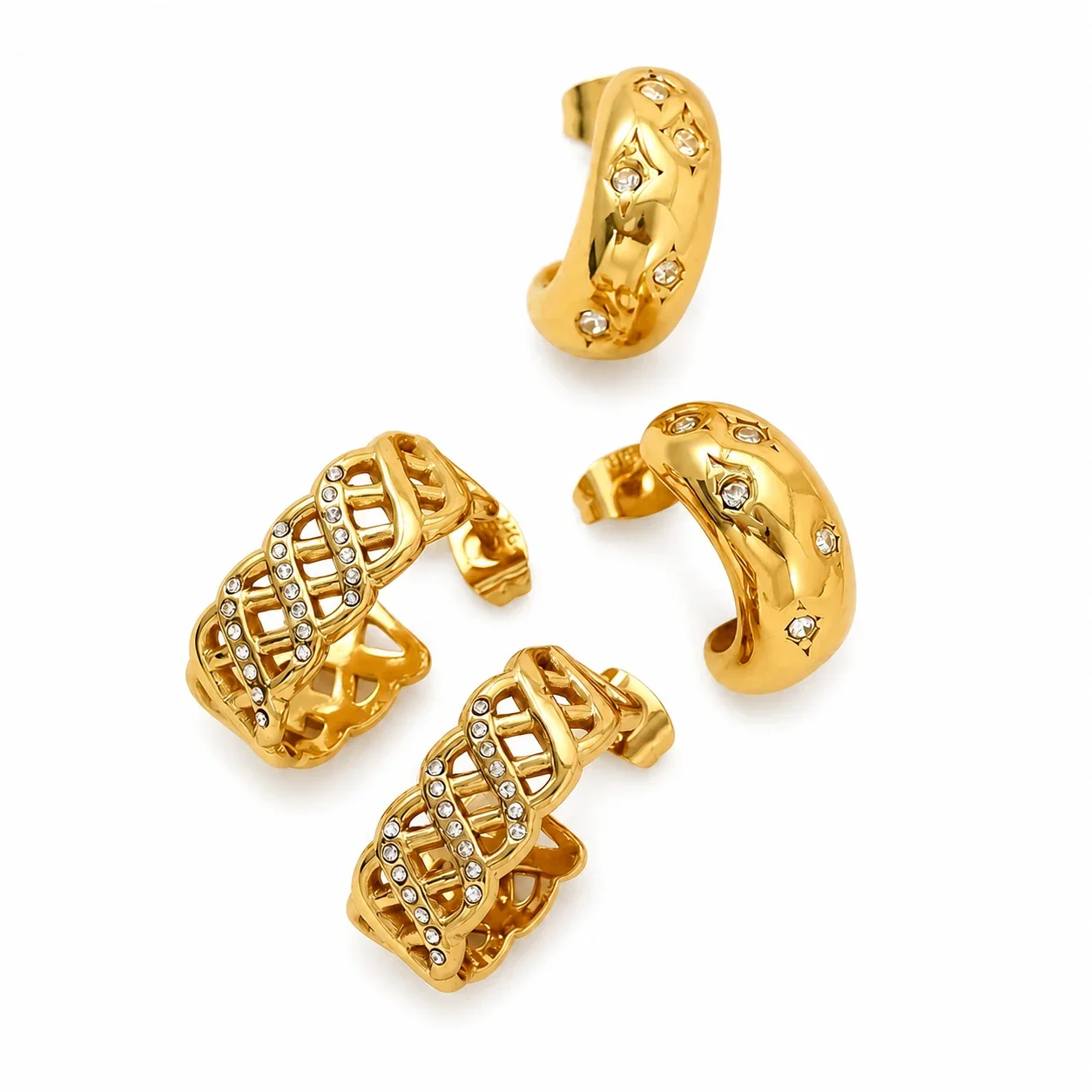 Bold Gold-Tone Pavé Lattice & Star Dome Hoop Earrings