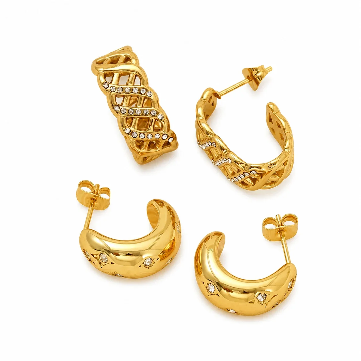 Bold Gold-Tone Pavé Lattice & Star Dome Hoop Earrings