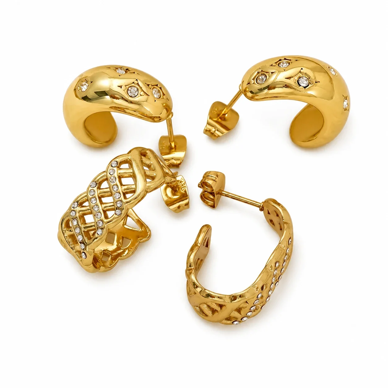 Bold Gold-Tone Pavé Lattice & Star Dome Hoop Earrings