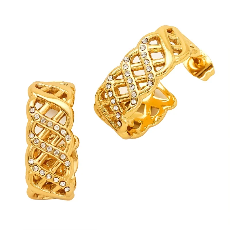 Bold Gold-Tone Pavé Lattice & Star Dome Hoop Earrings
