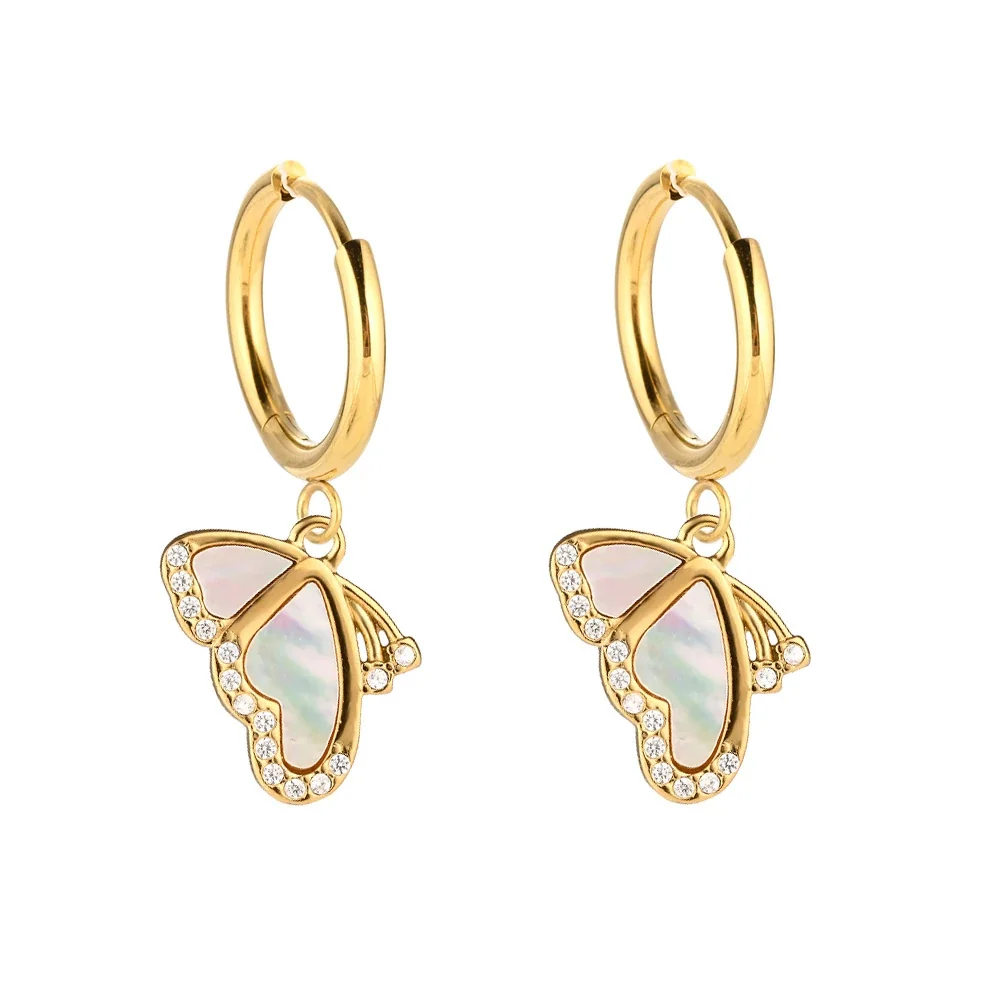 Polished 316 Stainless Steel Charm Hoop Earrings - Gold Butterfly
