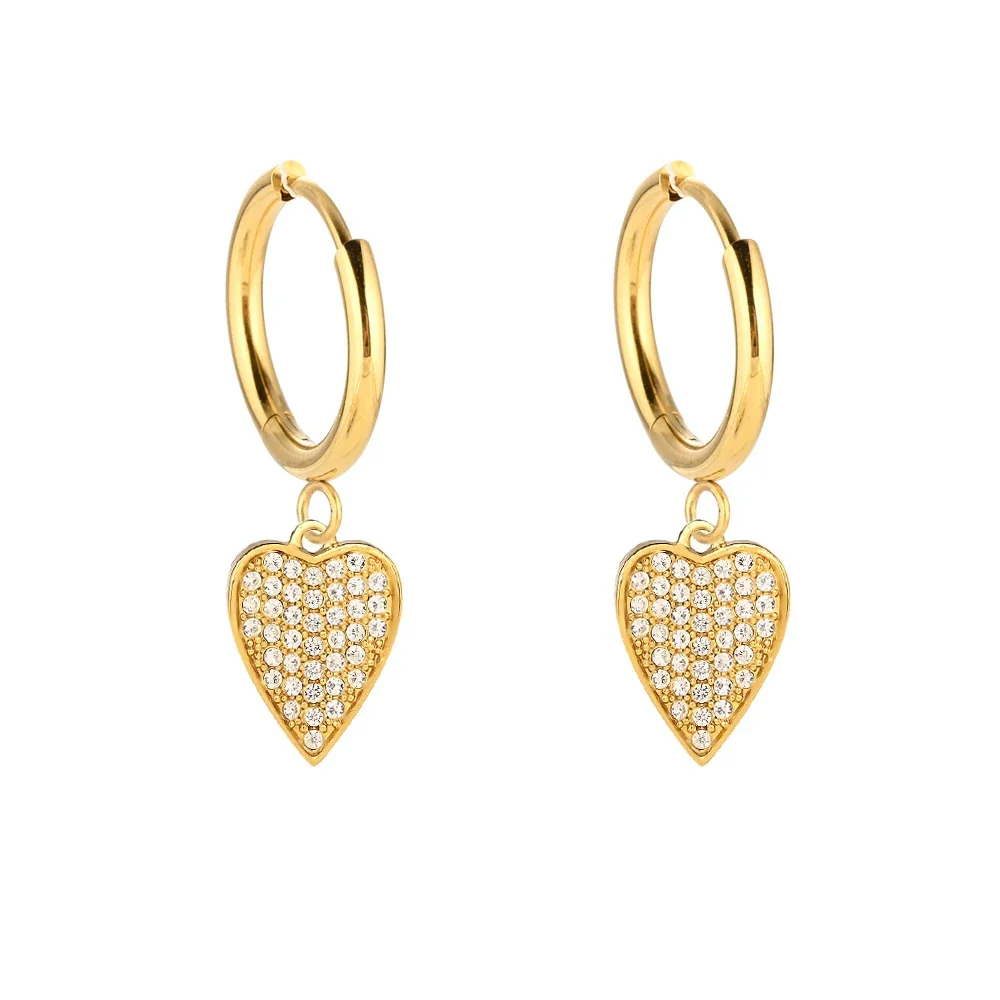 Polished 316 Stainless Steel Charm Hoop Earrings - Gold Pavé CZ Heart
