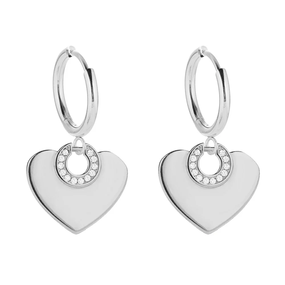 Polished 316 Stainless Steel Charm Hoop Earrings - Silver Heart