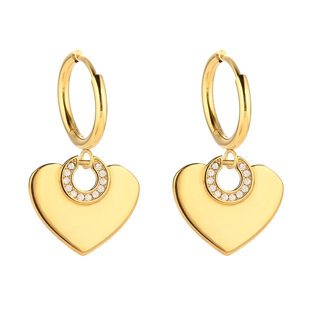 Polished 316 Stainless Steel Charm Hoop Earrings - Gold Heart