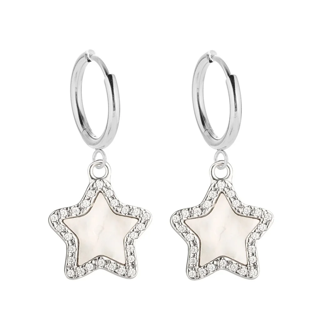 Polished 316 Stainless Steel Charm Hoop Earrings - Silver Star